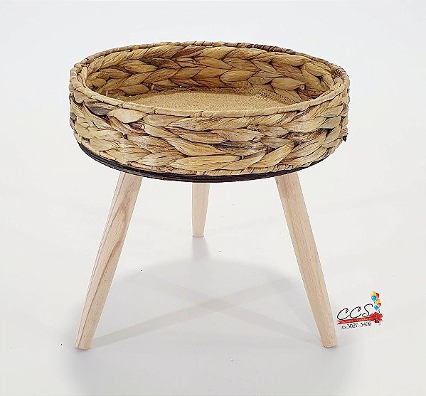 Mesa Redonda Trança de Palha Natural Com Pé Palito e Madeira 32x30x30cm com 1 Unidade - Ref 74560001 D&A