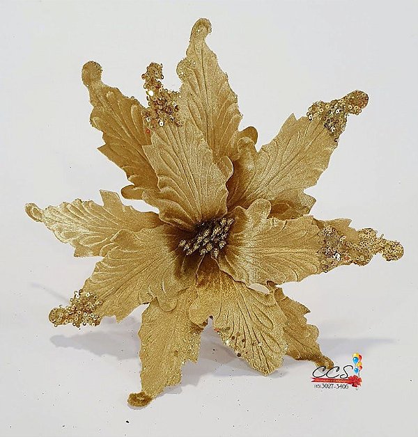 Flor de Natal Bico de Papagaio Aveludado Dourado com Glitter 30cm - Flores Natalinas - Ref 74652004 D&A - CCS Decorações Flor de Natal Bico de Papagaio Aveludado Dourado com Glitter 30cm - Flores Natalinas - Ref 74652004 D&A - CCS Decorações
