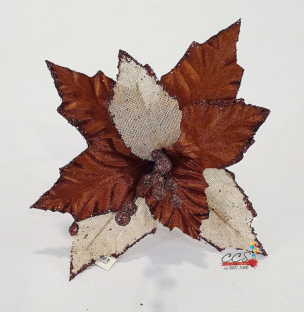 Flor de Natal Bico de Papagaio Aveludado Marrom e Cru com Glitter 26cm - Cabo curto - Ref 74692006 D&A