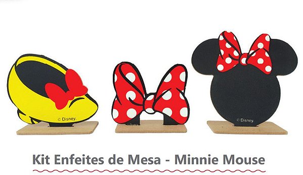 Kit Enfeite de Mesa Minnie Mouse em MDF Jogo com 3 Un - Festa Minnie - Ref MN0504 Grintoy