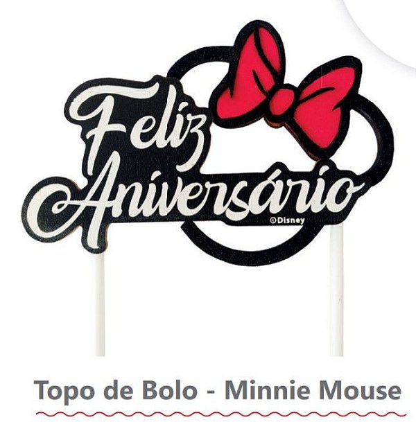 Topo de Bolo de MDF Feliz Aniversário Minnie Mouse - Festa Minnie Mouse - Ref MN2004 Grintoy
