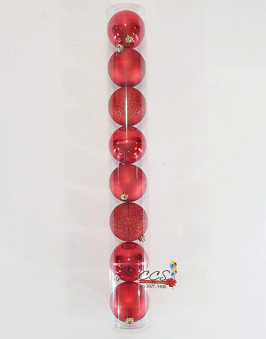 Bolas de Natal Vermelha Lisa, Mate e Glitter 8cm com 8 Unidades - Bolas Natalinas - Ref 1613107 Cromus
