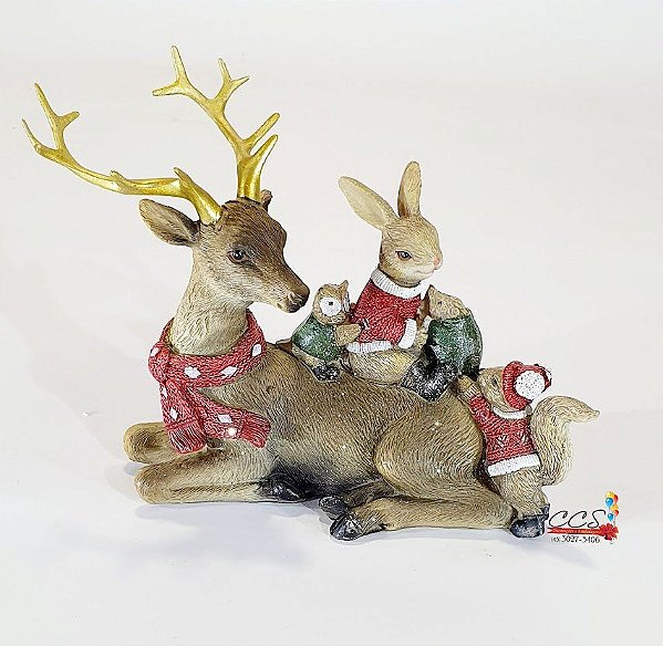 Enfeite Decorativo de Resina Rena Deitada com Animais - Ref 1017684 Cromus Natal