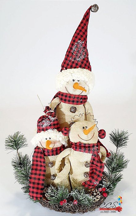 Bonecos de Neve no Cesto com Cachecol e Touca Xadrez Vermelho e Preto - Ref  1014145 Cromus Natal - CCS Decorações
