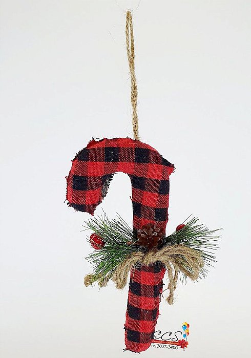 Enfeite Decorativo de Natal Bengala Xadrez Vermelho e Preto com Galho de Pinheiro - Ref 1019695 Cromus Natal