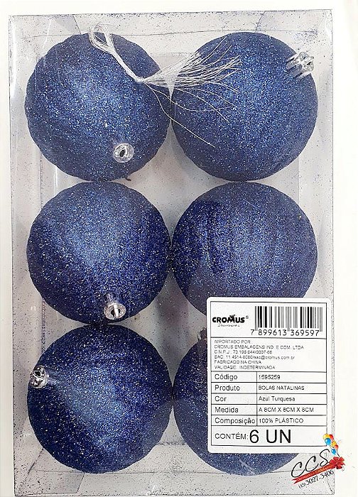 Bolas de Natal Glitter com Listras Azul Turquesa 8cm Jogo com 6 Bolas - Bolas Natalinas - Ref 1595259 Cromus Natal