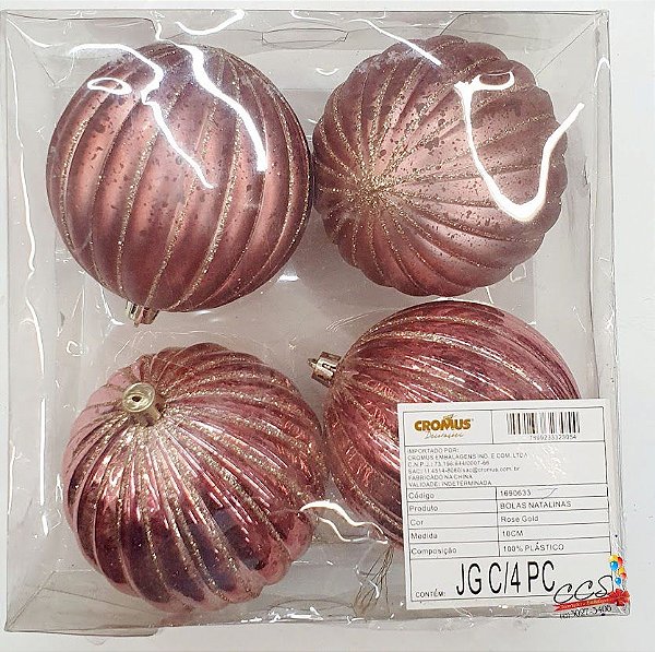 Bola com Listras Rose Gold 10cm Jogo com 4 bolas - Bolas Natalinas - Ref 1690633 Cromus Natal