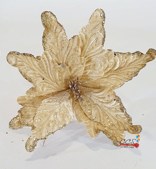 Flor de Natal Poisenttia Nude com Glitter Dourado - Flores Cabo Médio - Ref 1024453 Cromus Natal