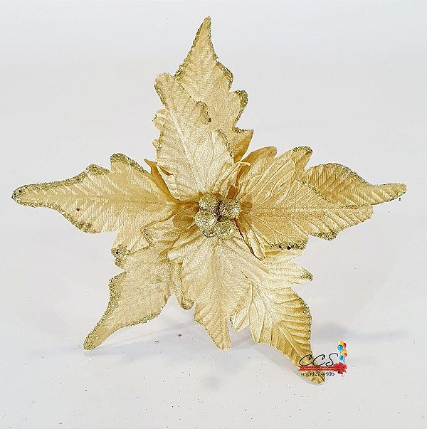 Flor de Natal Poisenttia Aveludada Dourada - Flores Cabo Médio - Ref  1024976 Cromus Natal - CCS Decorações