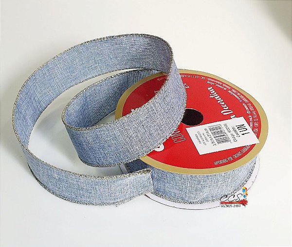 Fita Aramada de Juta Azul Claro com Borda Dourada 38mm x 9,14mts - Fitas Decorativas - Ref 1022100 Cromus