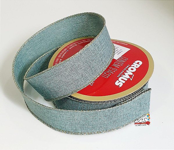 Fita Aramada de Juta Turqueza com Borda Dourada 38mm x 9,14mts - Fitas Decorativas - Ref 1022091 Cromus