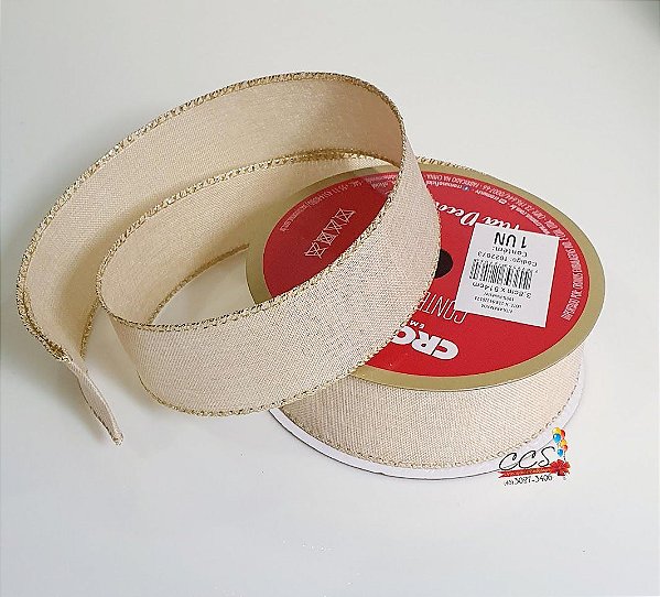 Fita Aramada de Juta Marfim com Borda Dourada 38mm x 9,14mts - Fitas Decorativas - Ref 1022073 Cromus