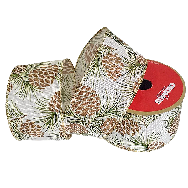 Fita de Natal Aramada Juta Branca com Desenho Galhos e Pinhas 6,3x9,14cm - Fitas Natalinas - Ref 1020972 Cromus Natal