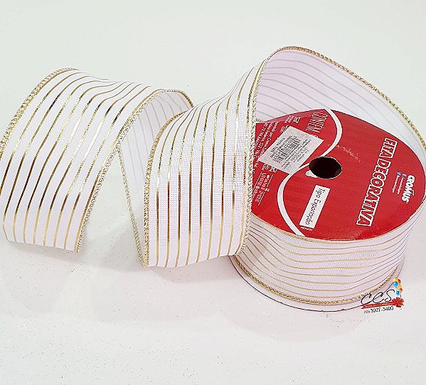 Fita de Natal Aramada Branca com Listras Dourado 6,3x9,14cm - Fitas Natalinas - Ref 1750362 Cromus Natal