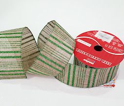 Fita de Natal Aramada Juta Cru com Listras Glitter Verde 6,3x9,14cm - Fitas Natalinas - Ref 1551985 Cromus Natal