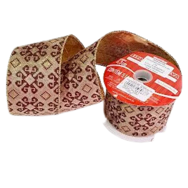 Fita de Natal Aramada Marrom Claro com Estampa Mosaico 6,3x9,14cm - Fitas Natalinas - Ref 1413915 Cromus Natal