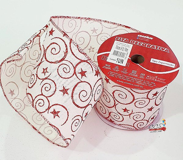 Fita de Natal Aramada Branco com Arabesco Glitter Vermelho 10,0x9,14cm - Fitas Natalinas - Ref 1693850 Cromus Natal