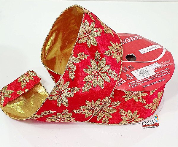Fita de Natal Aramada Veludo Vermelho com Flores de Glitter Dourado 10,0x9,14cm - Fitas Natalinas - Ref 1613228 Cromus Natal
