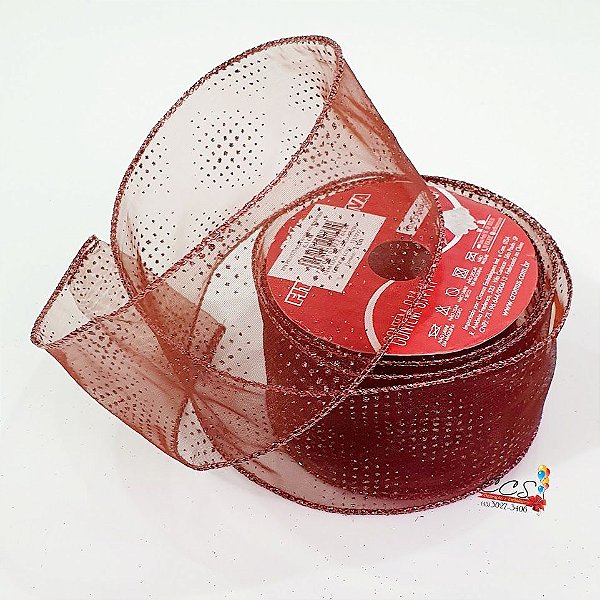 Fita de Natal Aramada Organza Marrom com Poa De Glitter 6,3x9,14cm - Fitas Natalinas - Ref 1317277 Cromus Natal