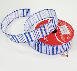 Fitas de Natal Aramada Branca com Listras Glitter Azul 3,8x9,14cm - Fitas Natalinas - Ref 1552036 Cromus Natal