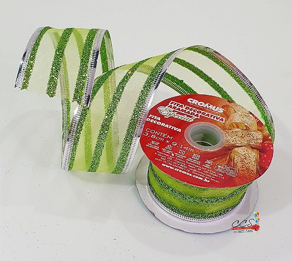 Fita de Natal Aramada Organza com Listras de Glitter Verde 3,8x9,14cm - Fitas Natalinas - Ref 1112394 Cromus Natal