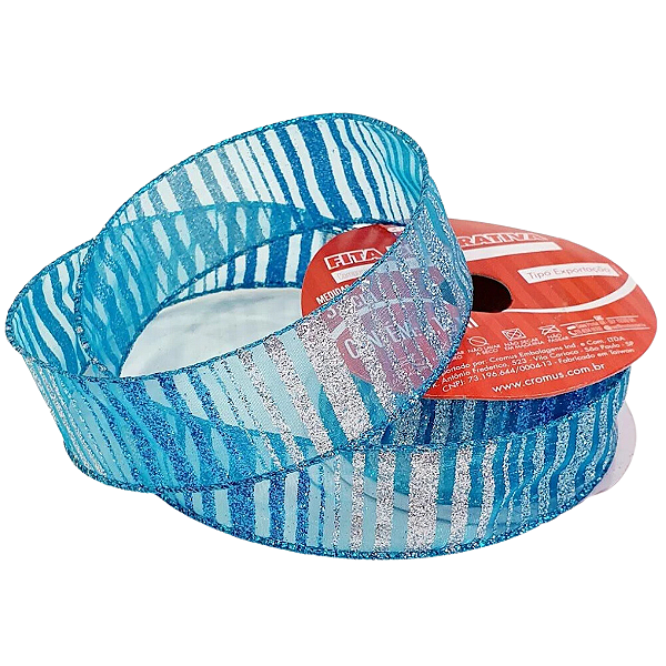 Fita de Natal Aramada Organza com Listras de Gliter Azul Claro e Prata 3,8cmx9,14m - Fitas Natalinas - Ref 1512264 Cromus Natal