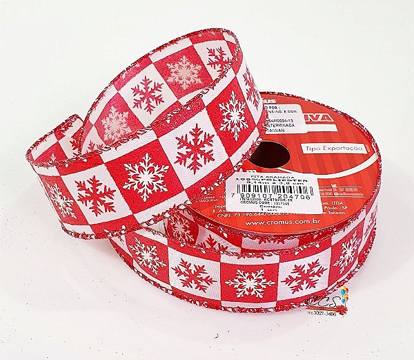 Fita de Natal Aramada Vermelho e Branco com Estampa Flocos de Neve 3,8x9,14cm - Fitas Natalinas - Ref 1317145 Cromus Natal