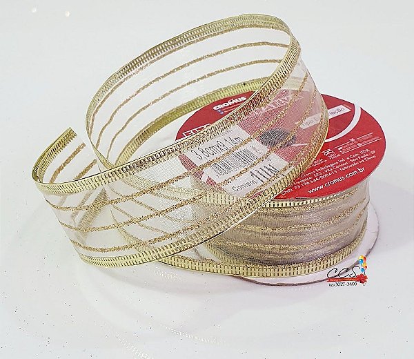 Fita de Natal Aramada Voal Champanhe com Listras de Glitter 3,8x9,14cm - Fitas Natalinas - Ref 1716902 Cromus Natal