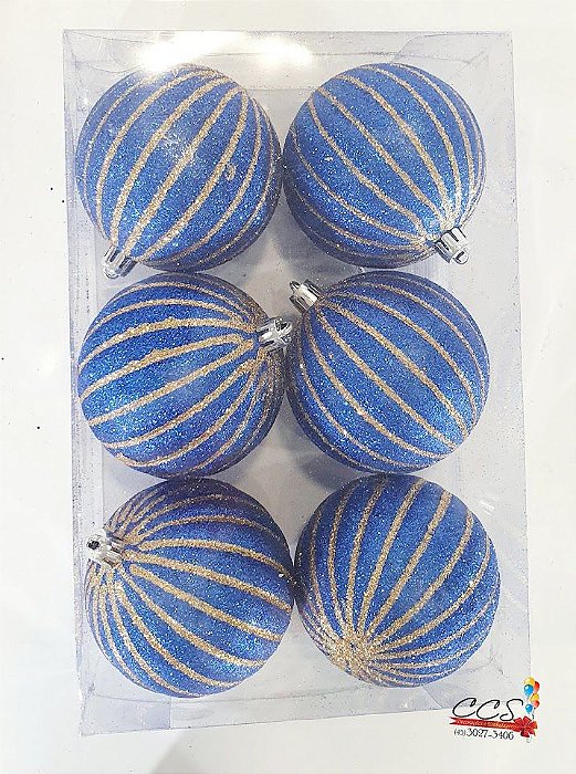 Bola de Natal Azul com Listras Ouro 8cm Jogo com 6 Unidades - Bolas Natalinas - Ref 1690277 Cromus Natal