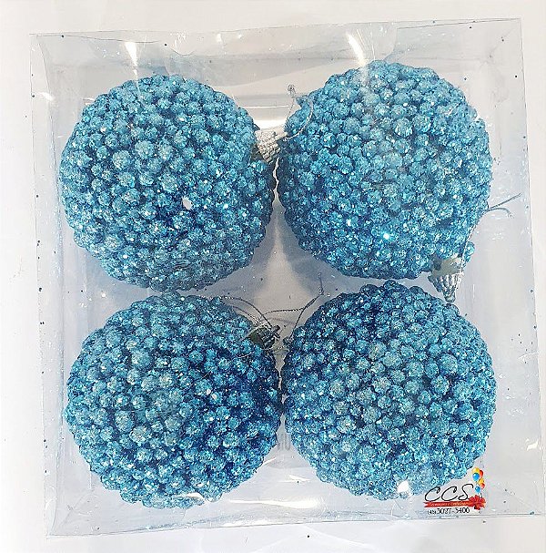 Bola de Natal Azul Claro Crunch 10cm Jogo com 4 Unidades - Bolas Natalinas - Ref 1419787 Cromus Natal