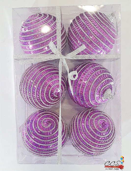 Bola de Natal Lantejoula Lilas com Detalhe Prata 8cm Jogo com 6 Unidades - Bolas Natalinas - Ref 1214083 Cromus Natal