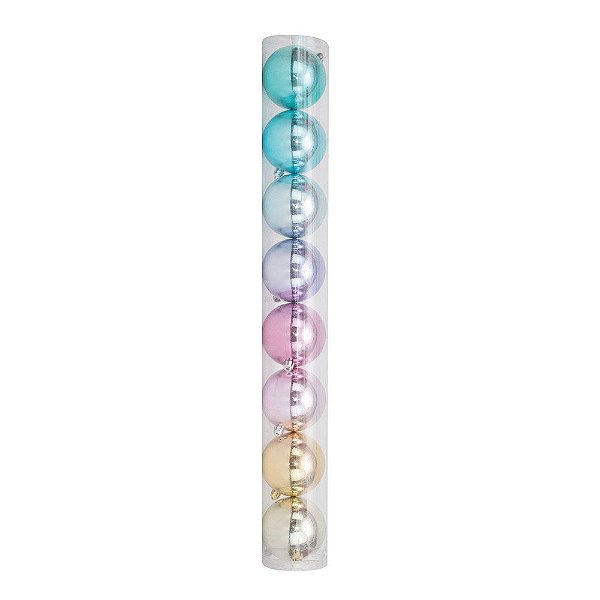 Bola de Natal Lisa Candy Color Rainbow Clara 8cm Tubo com 8 Bolas - Bolas Natalinas - Ref 1020202 Cromus Natal