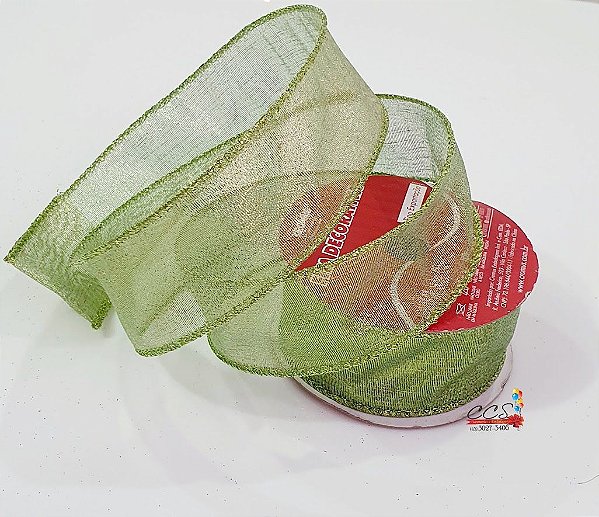Fita de Natal Aramada Verde Claro 3,8x9,14cm - Fitas Natalinas - Ref 1750357 Cromus Natal