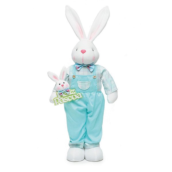 Coelho em Pé com Macacão Xadrez Verde Claro 60cm - Coleção Acqua - Ref 1013304 Páscoa Cromus