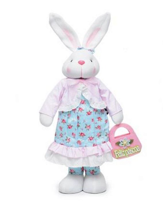 Coelha Decorativa em Pé com Vestido Florido e Bolsa 60cm - Coleção Acqua - Ref 1013305 Páscoa Cromus