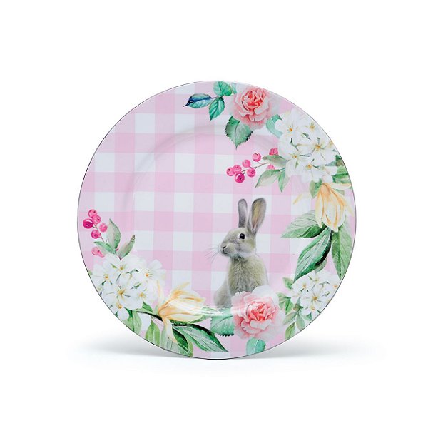 Sousplat Xadrez Com Coelhos e Flores Rosa - Mesa Posta de Páscoa - Ref 1014176 Páscoa Cromus