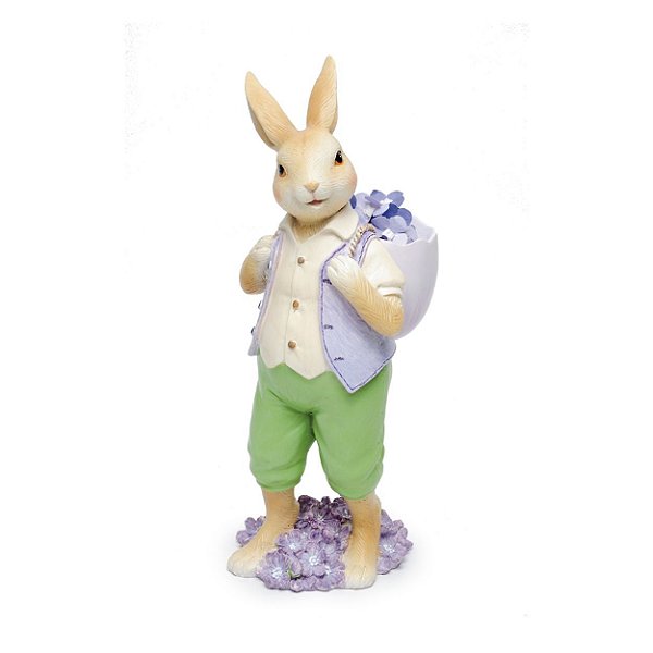 Coelho de Resina com Cesta de Flores Verde e Lilas - Coleção Fancy - Ref 1014681 Cromus Páscoa