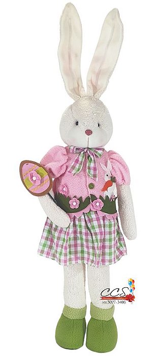 Coelha de Pé com Saia Xadrez Rosa e Verde Claro Segurando Placa de Ovo - Coleção Jelly - Ref 1422255