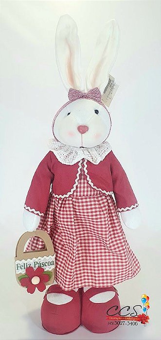 Coelha em Pé de Vestido Xadrez e Casaco Vermelho Segurando Bolsa 68cm - Coleção Goiabinha - Ref 1822460 Páscoa Cromus