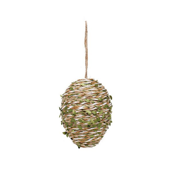 Ovo Decorativo com Folhas Para Pendurar Marfim e Verde 17x12cm - Coleção Rustic - Ref 1826542 Páscoa Cromus