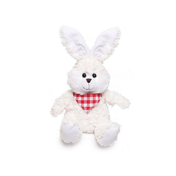 Coelho de Pelúcia Branco com Lenço Xadrez Vermelho e Branco no Pescoço 25cm - Coleção Kids - Ref 1827075 Páscoa Cromus