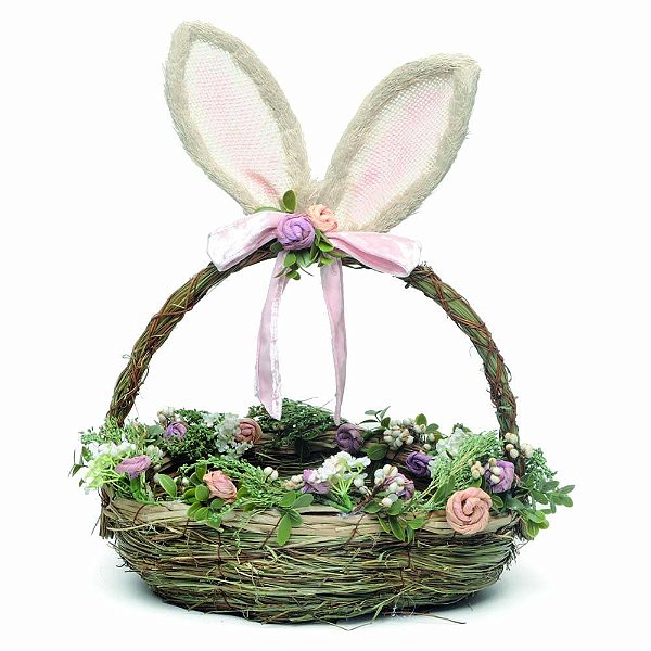 Cesta de Páscoa de Rattan com Orelhas de Coelho e Alça de Veludo e Borda de Flores 45cm - Coleção Pistache - Ref 1010325 Páscoa Cromus