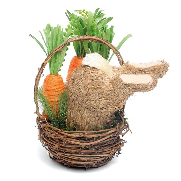 Cesta de Rattan com Coelho de Palha e Cenouras 21cm - Coleção Amendoa - Ref 1010567 Páscoa Cromus