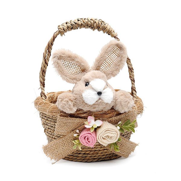 Cesta de Páscoa de Palha com Alça e Coelhinho de Pelúcia com Flores 27,5cm - Coleção Happy Sunday - Ref 1012956 Páscoa Cromus