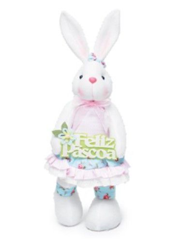 Coelha Decorativa em Pé com Pé para o Lado e Placa Feliz Páscoa 45cm - Coleção Acqua - Ref 1013311 Páscoa Cromus