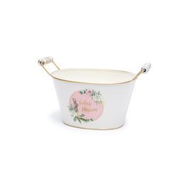 Cachepot de Metal com Alça de Madeira Branco com Borda Dourada Feliz Páscoa 14x23cm - Coleção Gourmand - Ref 1014694 Páscoa Cromus