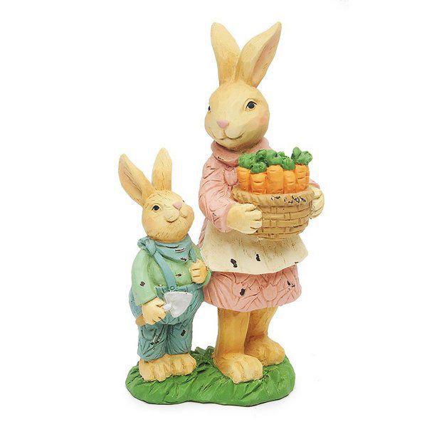 Coelha Decorativa de Resina com Filhote e Cesto de Cenouras 16x9cm - Coleção Ternura - Ref 1014708 Páscoa Cromus