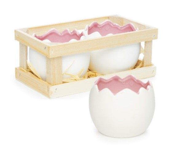 Caixa de Madeira com Dois Meio Ovos Branco com Rosa de Cerâmica - Coleção Guloseima - Ref 1720596 Páscoa Cromus