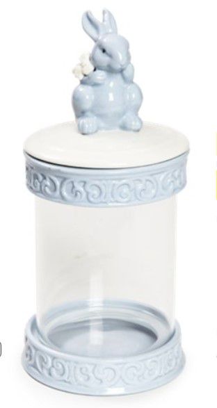 Pote de Vidro e Cerâmica com Tampa Hermética de Coelho Azul e Branco 18x7x7cm - Coleção Drops - Ref 1820468 Páscoa Cromus