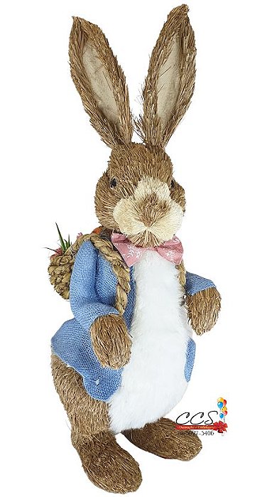 Coelho Decorativo de Palha Com Cesta de Cenoura nas Costas 61cm - Coleção Farmer - Ref 1012784 Páscoa Cromus